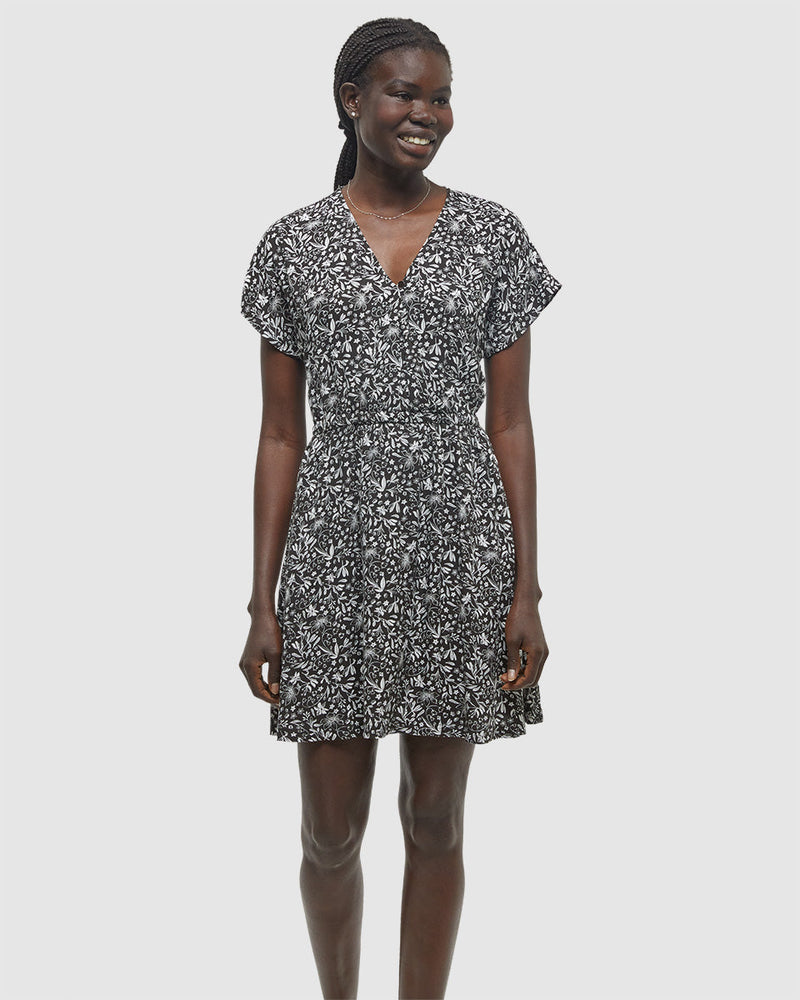 Black-Knee-Length-V-Neck-Patterned-Wrap-Dress