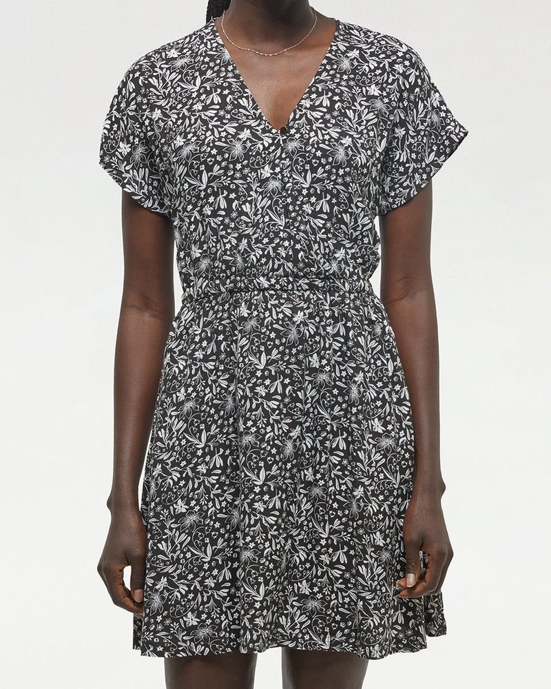 Black-Knee-Length-V-Neck-Patterned-Wrap-Dress