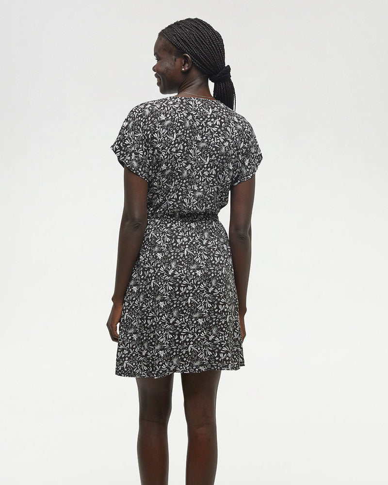 Black-Knee-Length-V-Neck-Patterned-Wrap-Dress