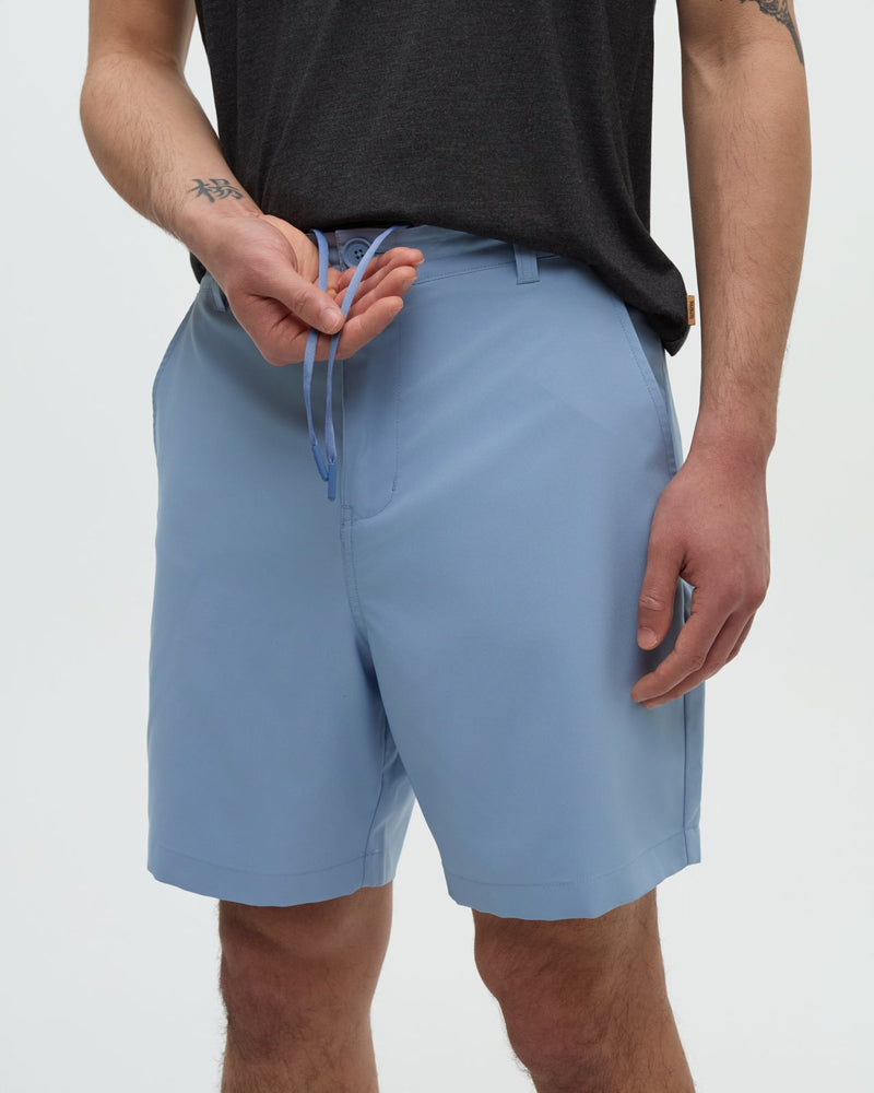 Blue-Stretched-Poly-Twill-Mid-Rise-Short