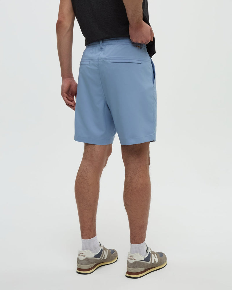 Blue-Stretched-Poly-Twill-Mid-Rise-Short
