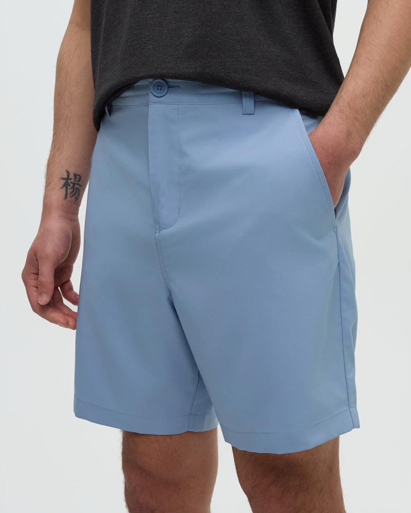 Blue-Stretched-Poly-Twill-Mid-Rise-Short