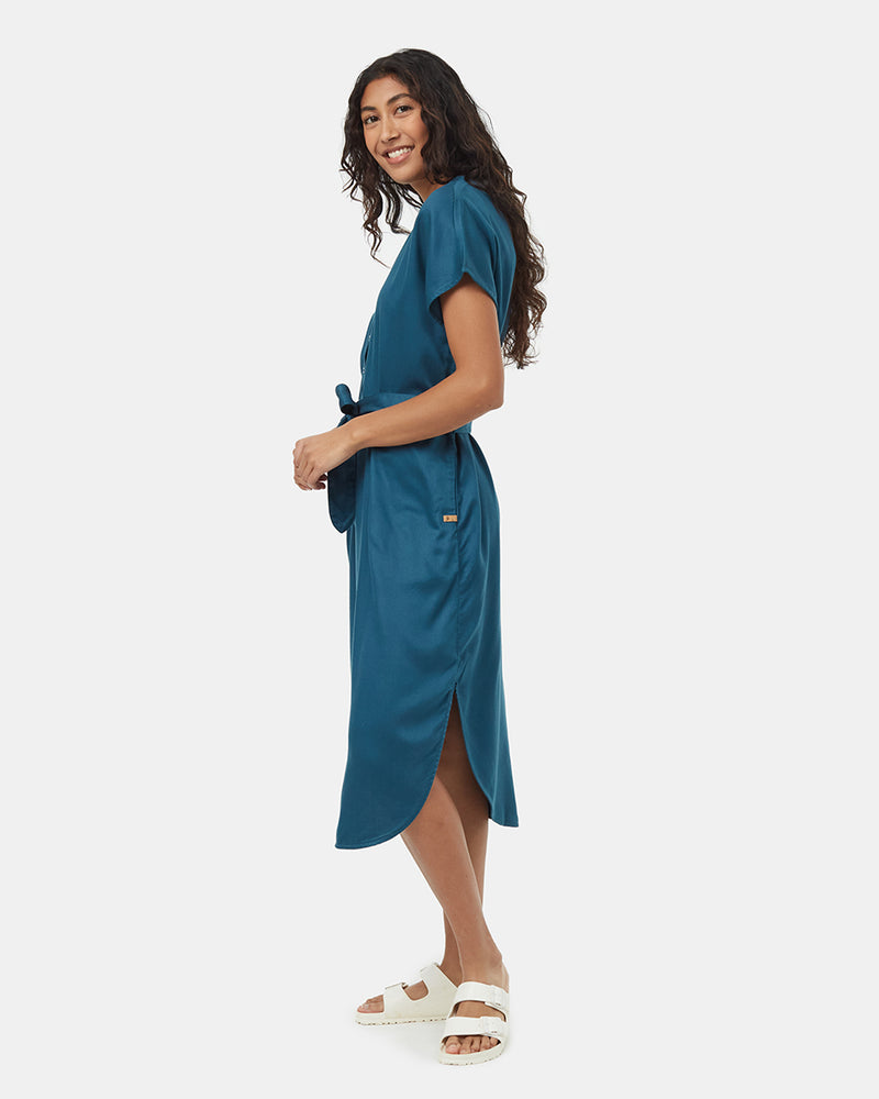 Blue-V-Neck-Cap-Sleeve-Belted-Midi-Dress