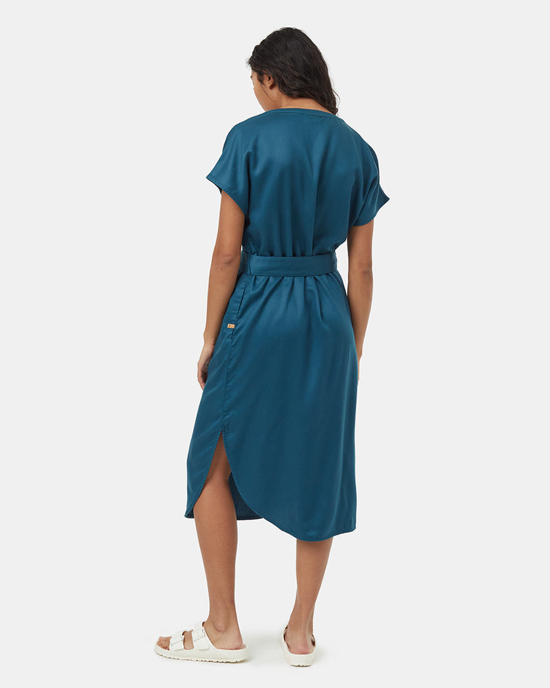 Blue-V-Neck-Cap-Sleeve-Belted-Midi-Dress