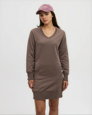 Brown-Women_s-V-neck-Fleece-Dress