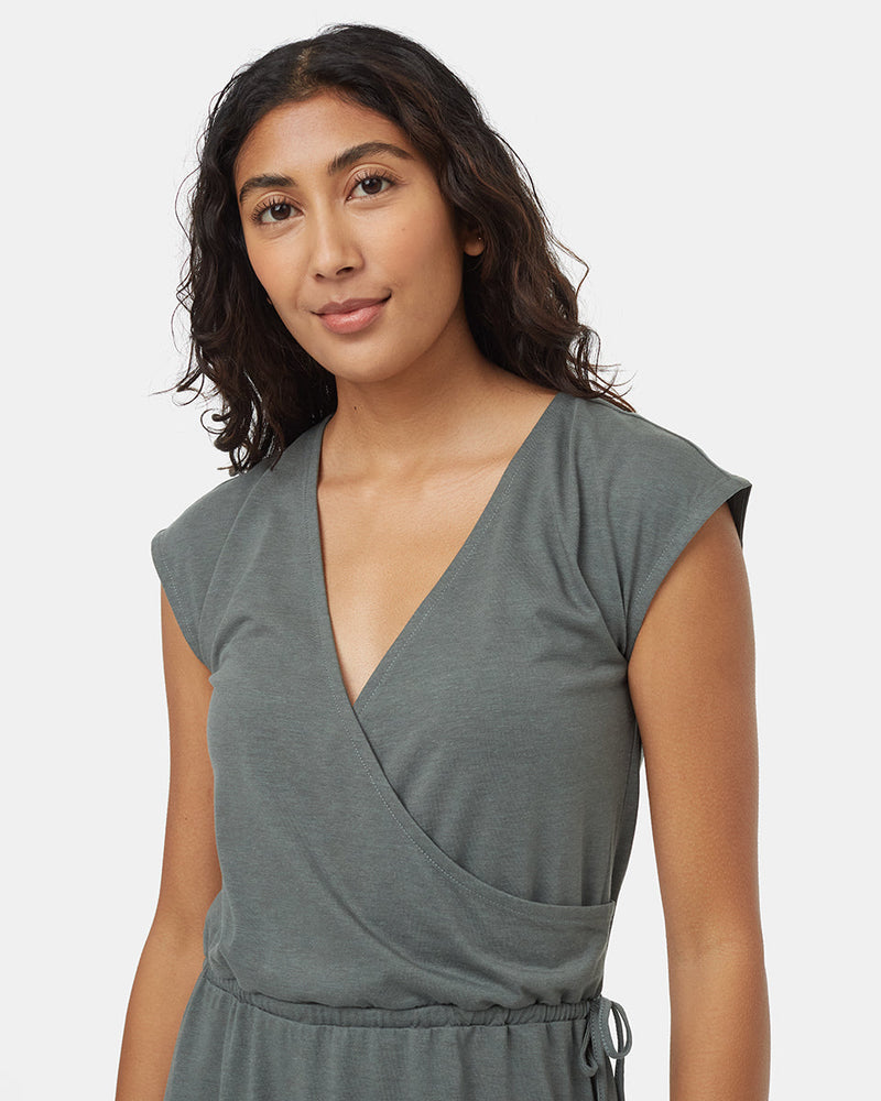 Green-Knee-Length-V-Neck-Wrap-Front-Dress