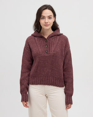 Purple-Women_s-Hooded-Open-Stitch-Sweater *Model is 5'9", wearing size S