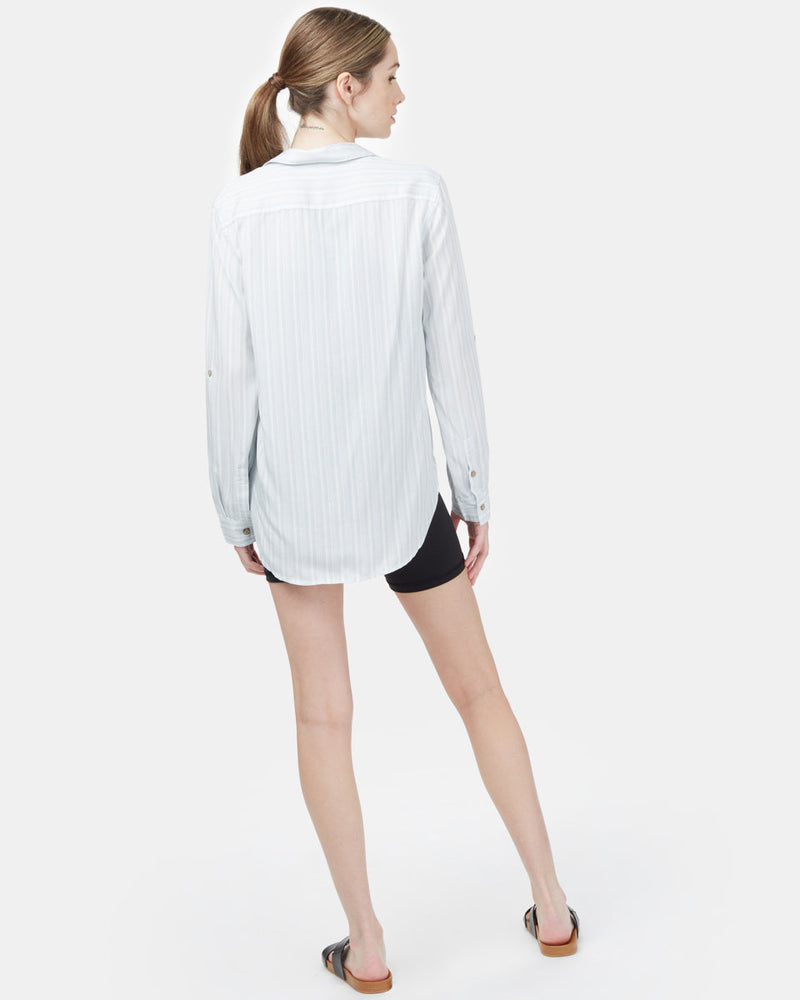 Blue,White Women's Tencel Long Sleeve Button Up
